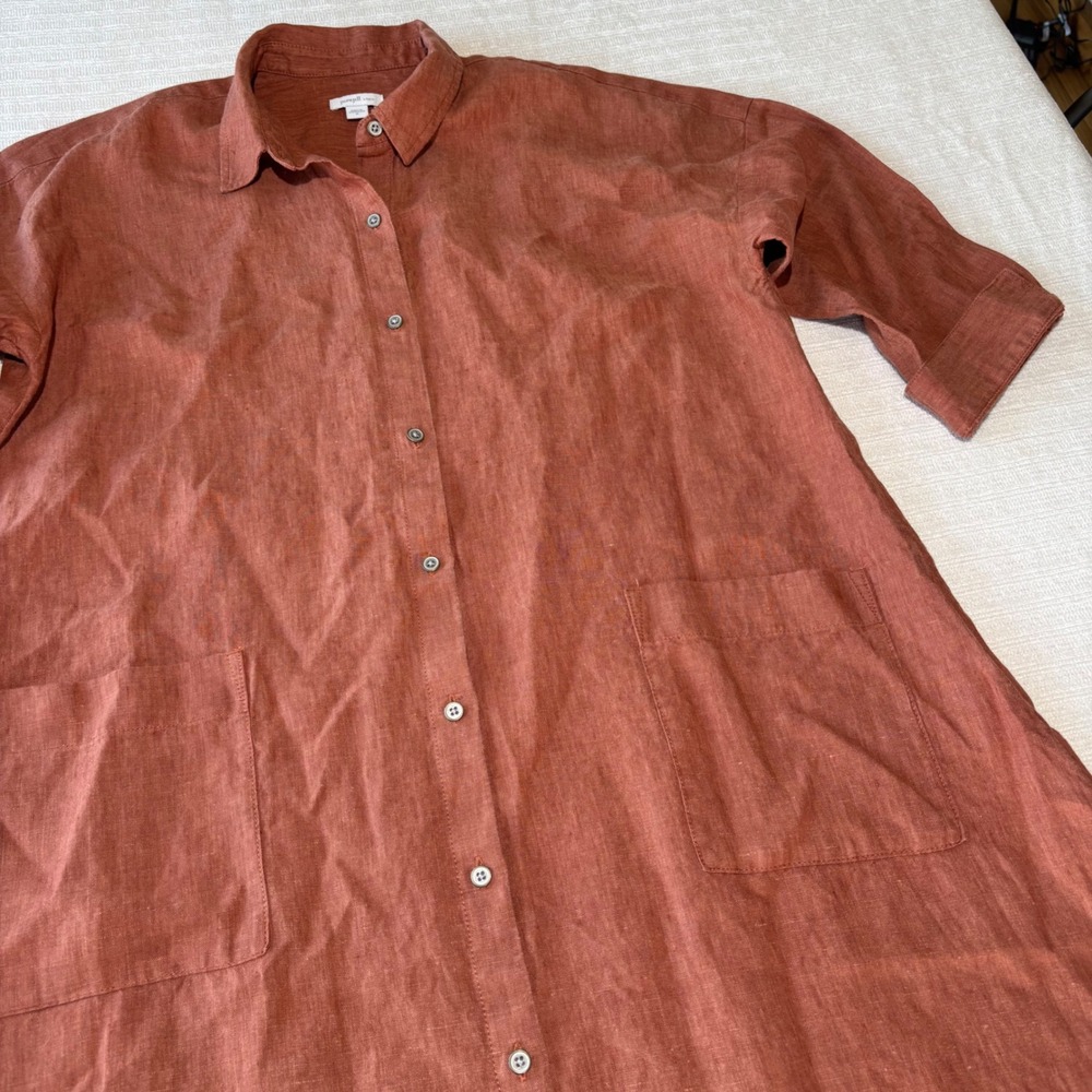 Pure Jill Linen Shirt Dress Terracotta Orange Button Front Midi Pockets Medium